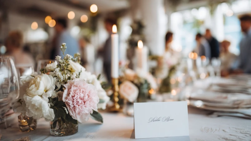 En elegant dukad bröllopsmiddag med placeringskort, där gäster konverserar glatt med varandra.