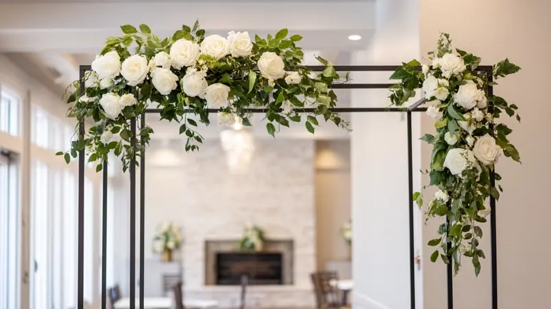 Svart metallbåge i rektangulär form dekorerad med vita blommor