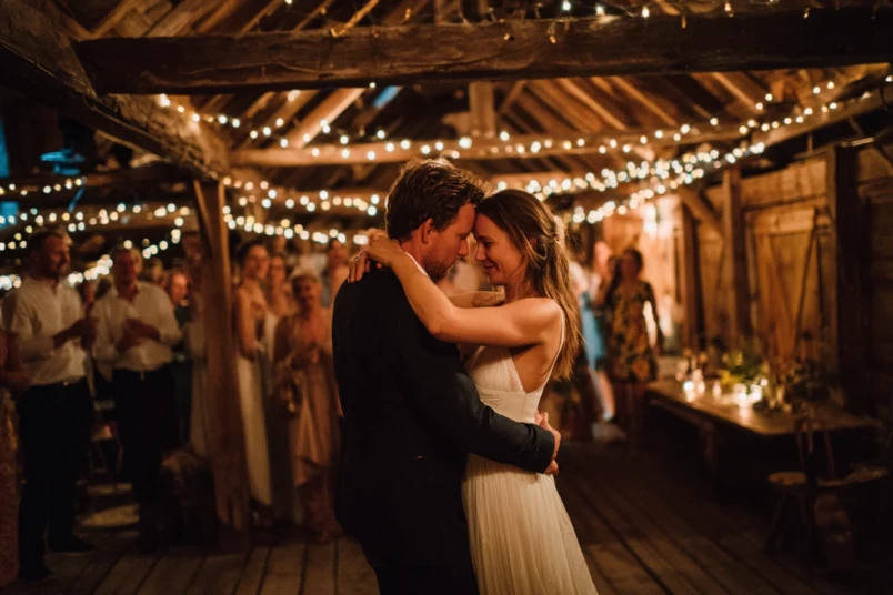 Brudpar dansar första dansen i festlokal med gäster som tittar på i bakgrunden och varmt ljus