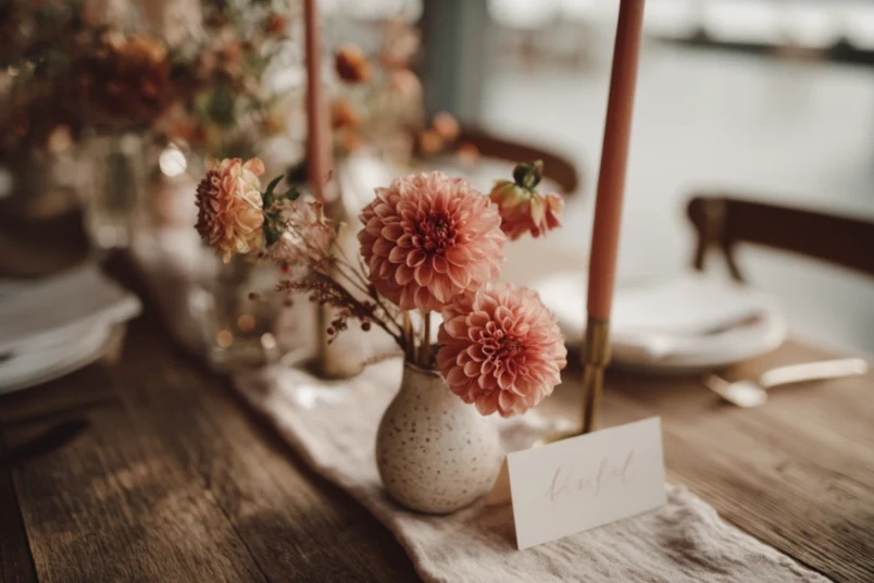 Närbild på bröllopsbordsdukning med säsongsblommor i jordnära toner och handskrivna bordskort