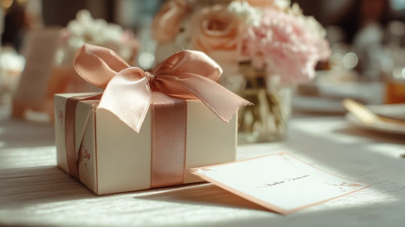 Ett vackert inslaget bröllopspaket med ett elegant kort bredvid på ett presentbord.