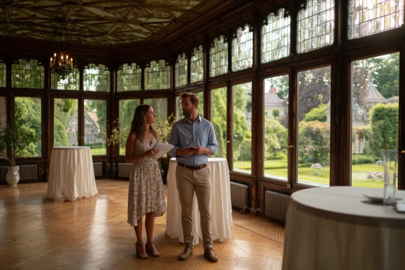 Par på visning av bröllopslokal i svensk herrgårdsmiljö med uppdukat bord och trädgård i bakgrunden