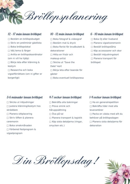 Bröllopsplanering checklista PDF
