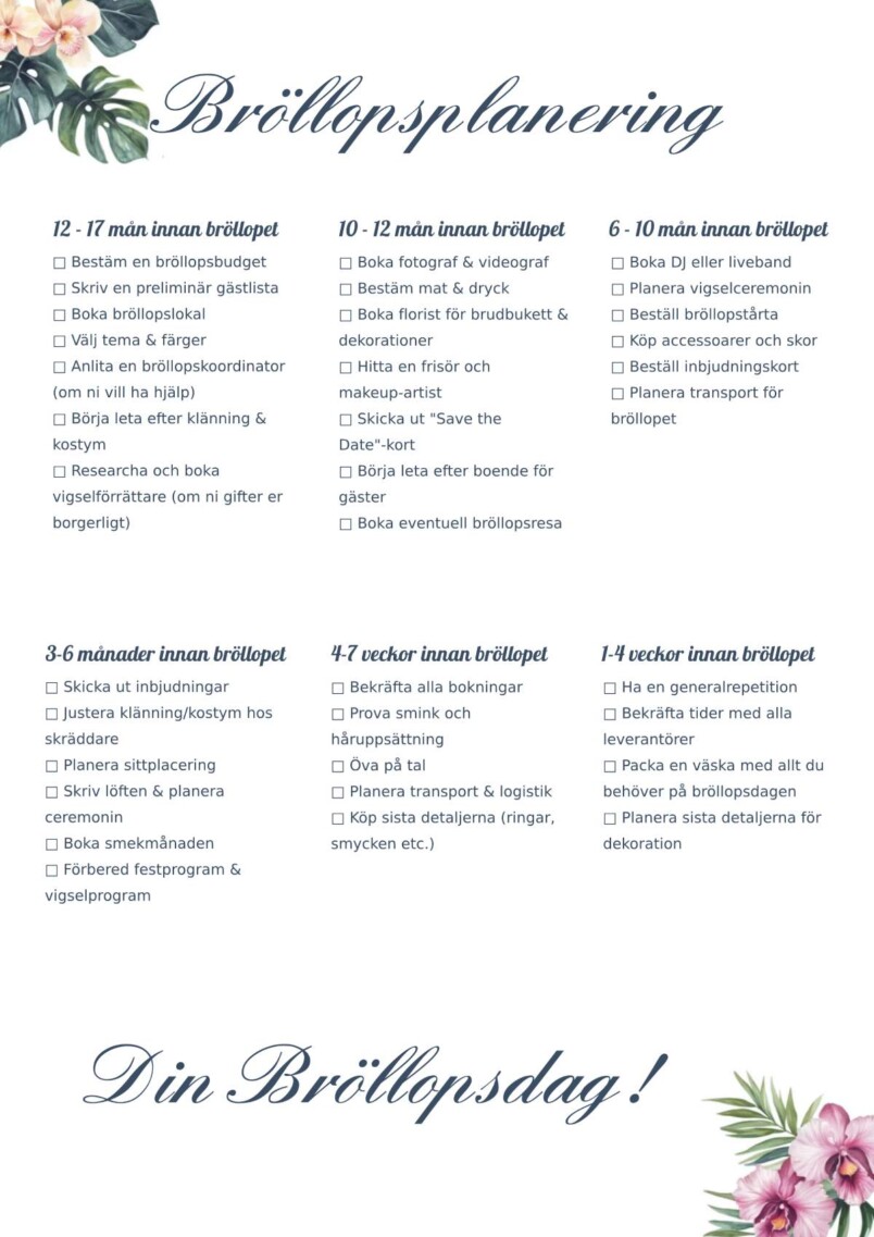 Bröllopsplanering checklista PDF
