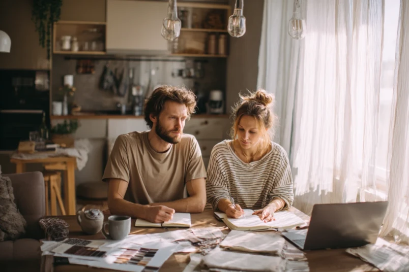 Par som sitter vid köksbord och planerar bröllop med anteckningsblock, laptop och kaffekoppar i svenskt hem
