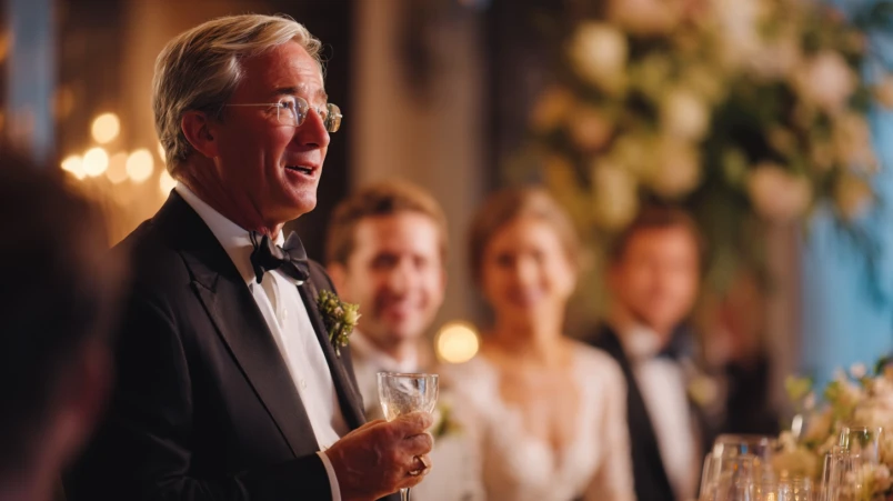 Brudens far håller ett varmt bröllopstal med brudparet leende i bakgrunden.