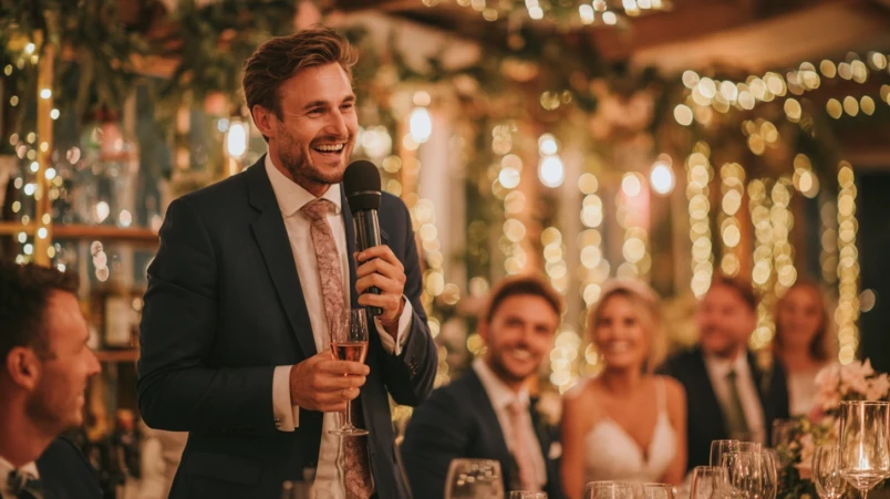 En bestman som håller ett känslosamt och glatt tal på ett bröllop, med brudparet leende i bakgrunden.