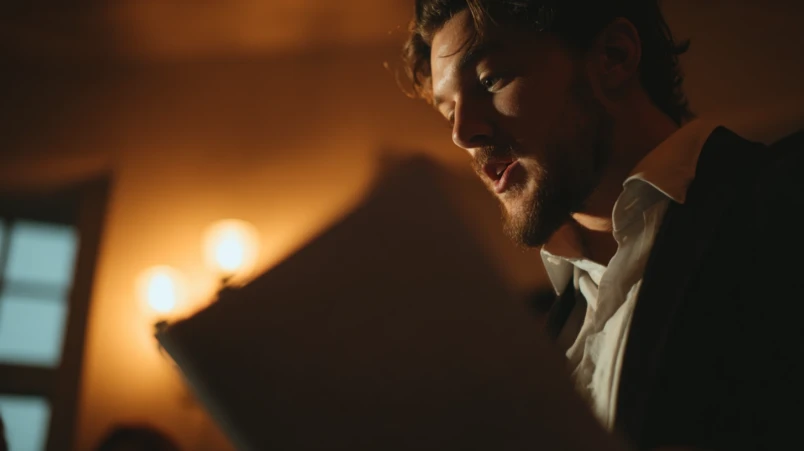 En man i kostym som övar på sitt bröllopstal framför en spegel, med ett fokuserat och lite nervöst uttryck.