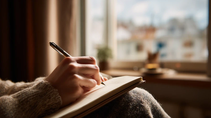 En person som sitter vid i sitt vardagsrum och förbereder ett bröllopstal i en anteckningsbok.