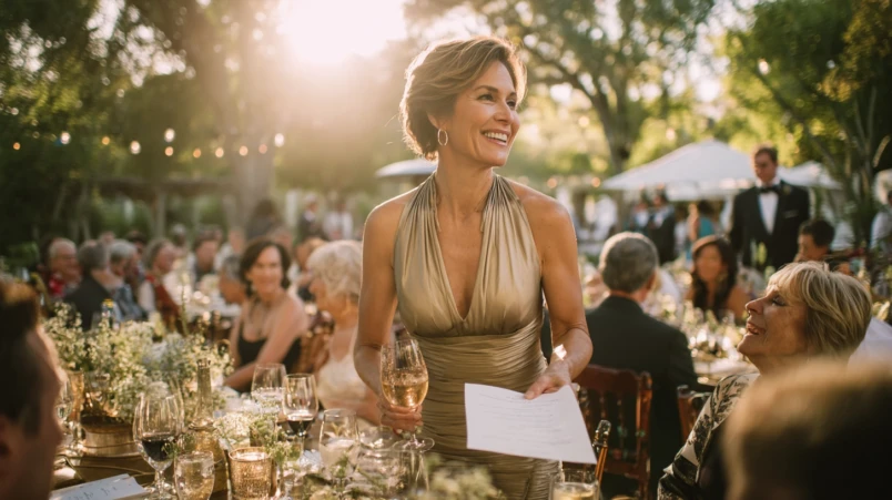 En toastmaster som med ett leende och en mikrofon i handen guidar gästerna under en bröllopsmiddag.