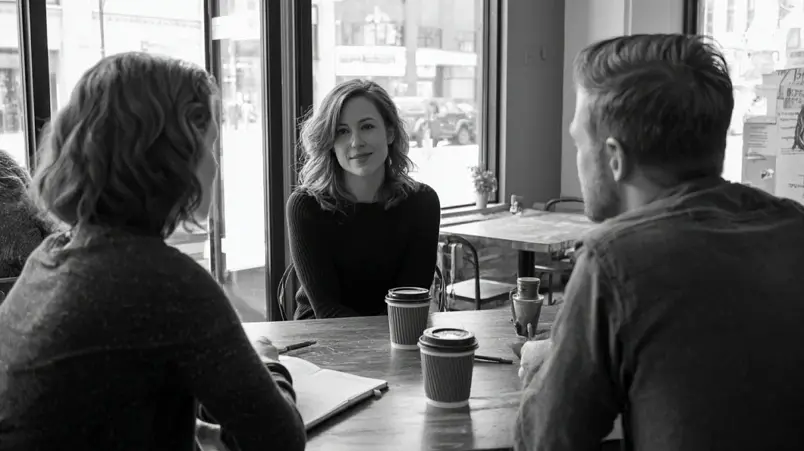 Planeringsmöte mellan toastmaster och brudpar vid ett cafébord