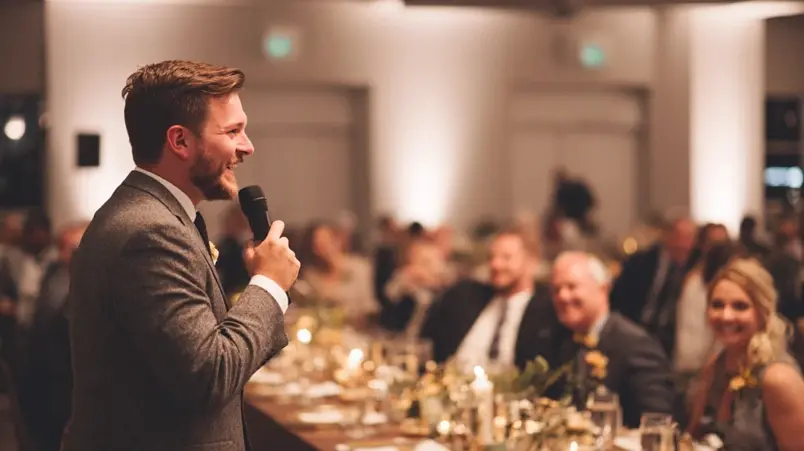 Toastmaster som håller välkomsttal med leende gäster i bakgrunden
