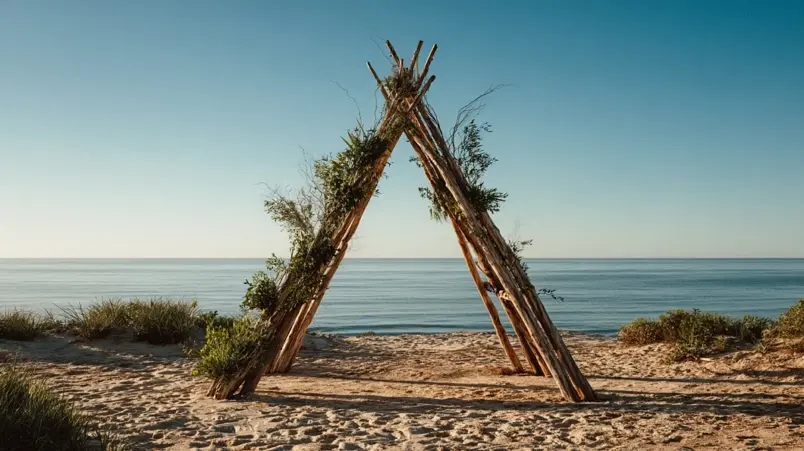 Triangulär bröllopsbåge med grönska i toppen på en sandstrand