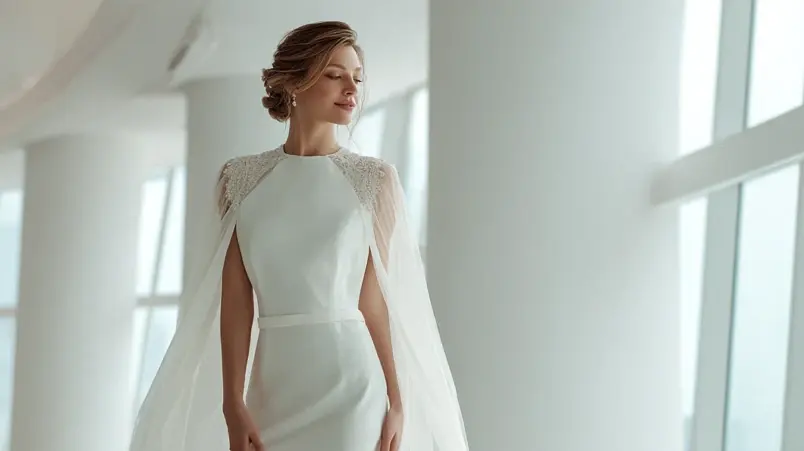 Brud med avtagbar cape i tyll fäst vid axlarna över en stram crepe-klänning