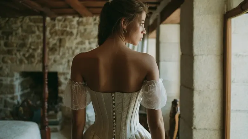 Bröllopsklänning med basque-korsett och off-shoulder-ärmar i transparent tyll, sedd bakifrån