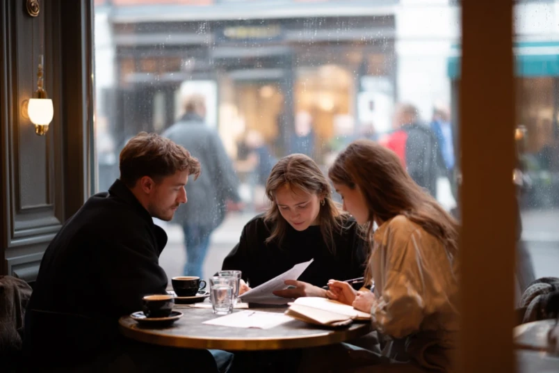 Brudpar i möte med bröllopskoordinator på café där avtal och frågelista diskuteras
