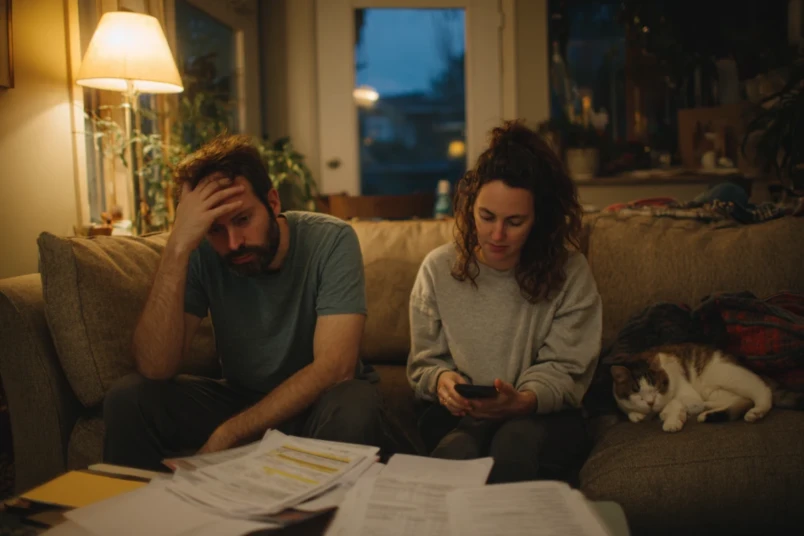 Par sitter i soffa omgivna av bröllopsplaneringsmaterial och anteckningar med stressade uttryck