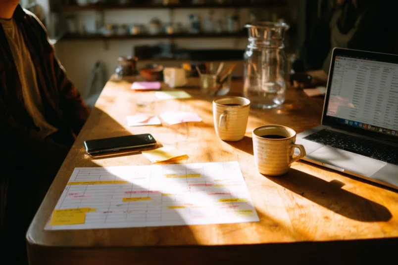 Dagkoordinator går igenom tidsschema med brudpar vid ett bord med bröllopsplanering och kaffe