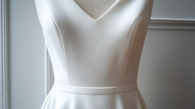 Närbild på minimalistisk bröllopsklänning i töjbar crepe med slät matt yta och skulpterad silhuett