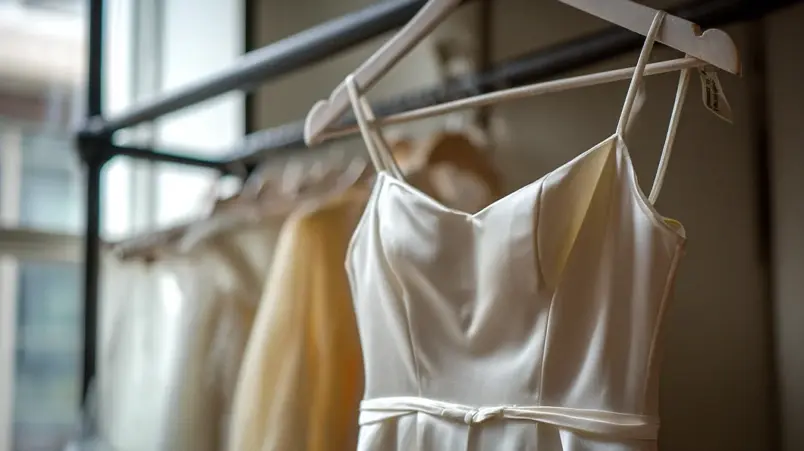 Vintage bröllopsklänning i satäng från 1990-talet hängande på vadderad galge i en vintagebutik