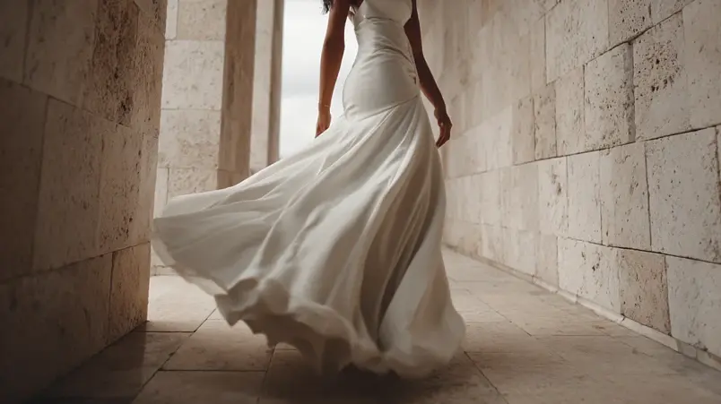 Bröllopsklänning i trumpetsilhuett som vidgas från mitten av låret, visad i rörelse