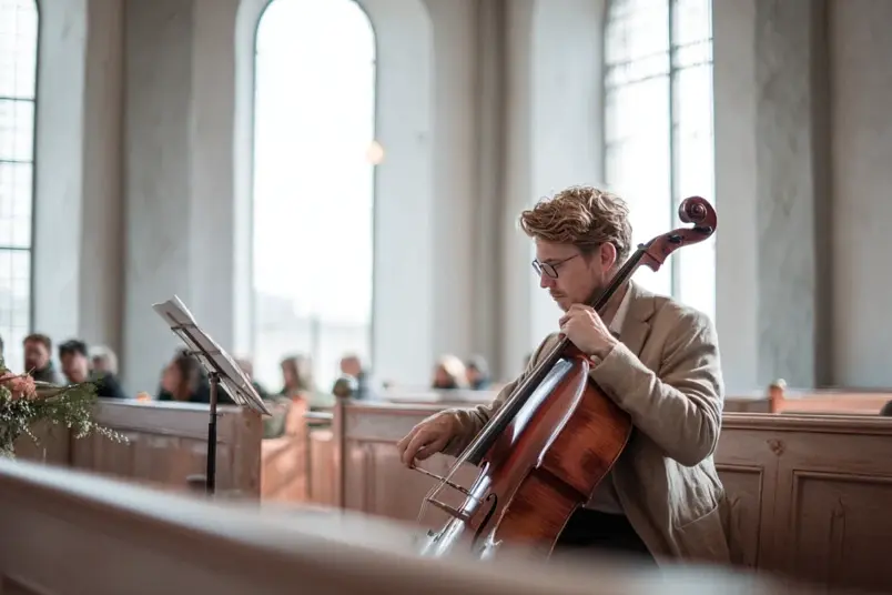 Bröllopsceremoni med musiker som spelar under vigsel