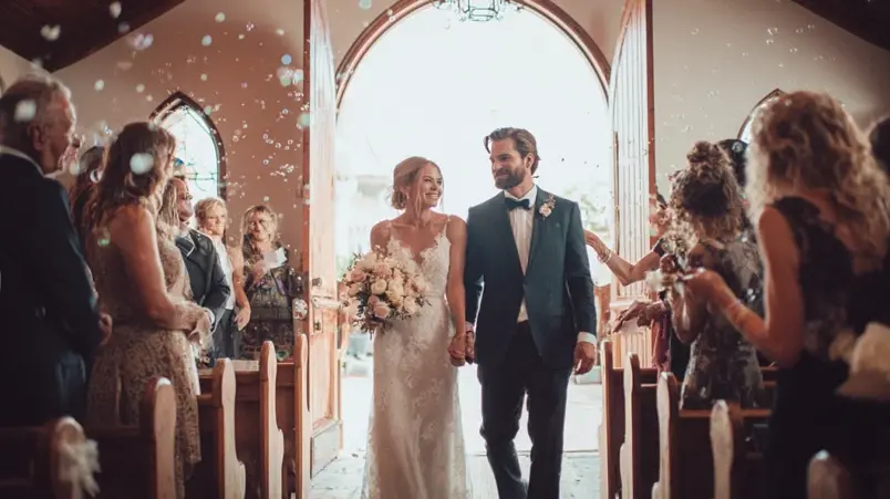 Brudpar som går in i kyrkan medan gäster jublar