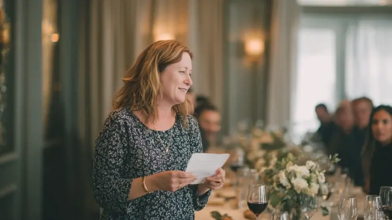 Person håller bröllopstal med litet papper i handen vid dukat festbord