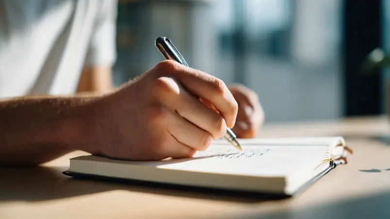 Hand som skriver egna bröllopslöften med penna i anteckningsbok