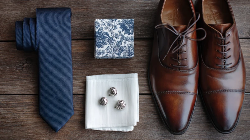 Välmatchade accessoarer för en outfit till bröllop för herr: slips, näsduk, manschettknappar och skor.