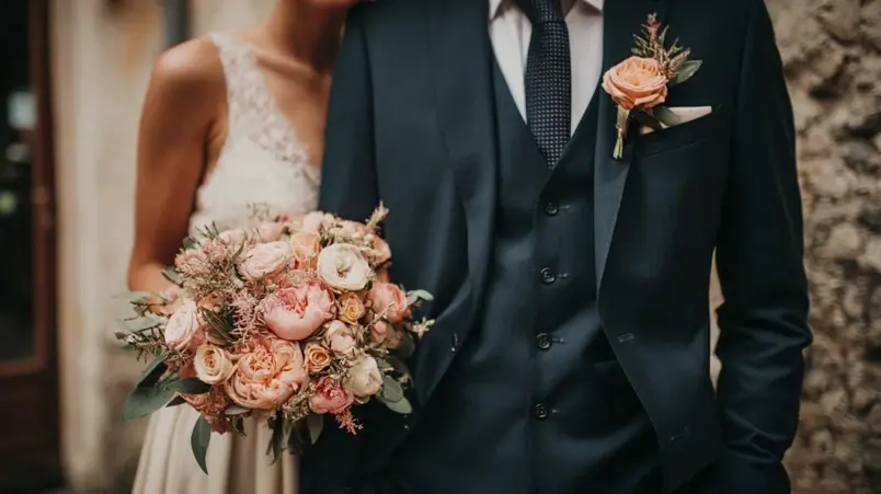 Brudgum och brud bredvid varandra med matchande blomdetalj i kavajslaget