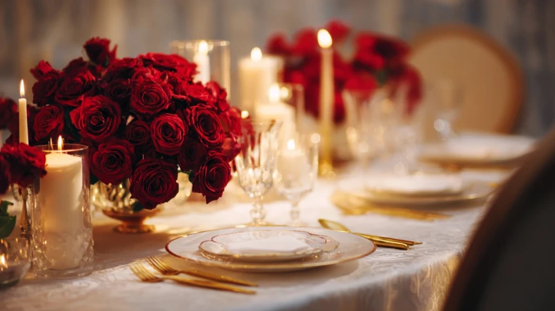 En vackert dukad festbord för ett rubinbröllop med vinröda servetter, guldbestick och vita blommor.