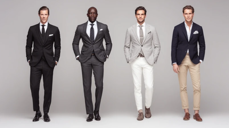 Jämförelse av olika klädkoder för en outfit på bröllop för herr: mörk kostym, kavaj, smoking och udda kavaj.