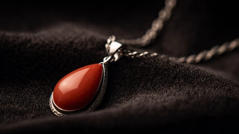 Ett elegant halsband med en korallfärgad sten som vilar på ett mörkt underlag.