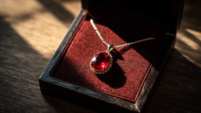 Ett elegant guldhalsband med en djupröd, fasettslipad rubin som gåva till 40-årig bröllopsdag.