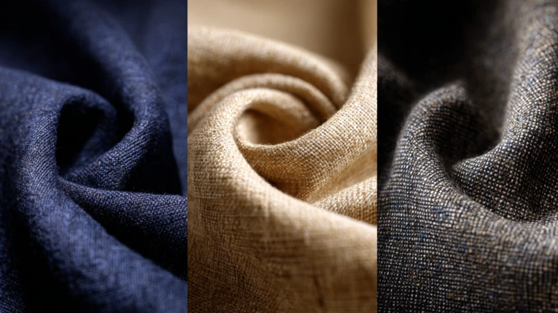 Närbild på tre olika kostymtyger för en bröllopsoutfit: ull, linne och bomull.