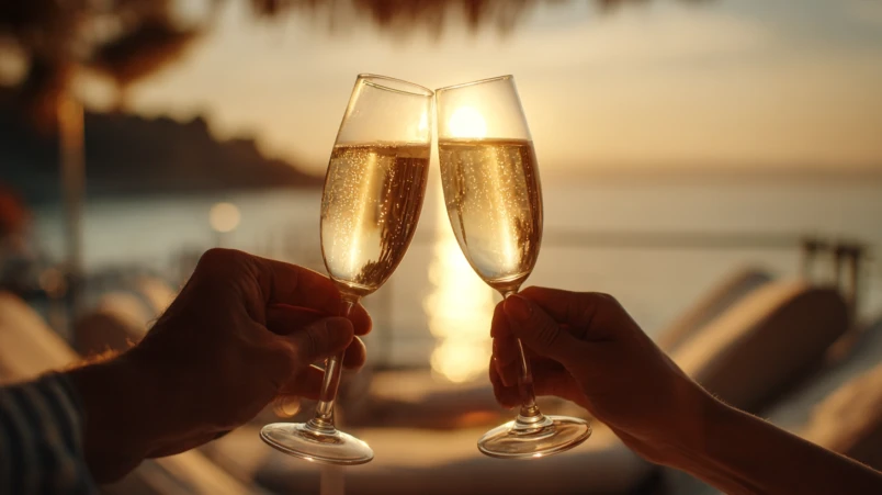 Silhuetten av ett par i 60-årsåldern som skålar med champagneglas vid en infinitypool i solnedgången.