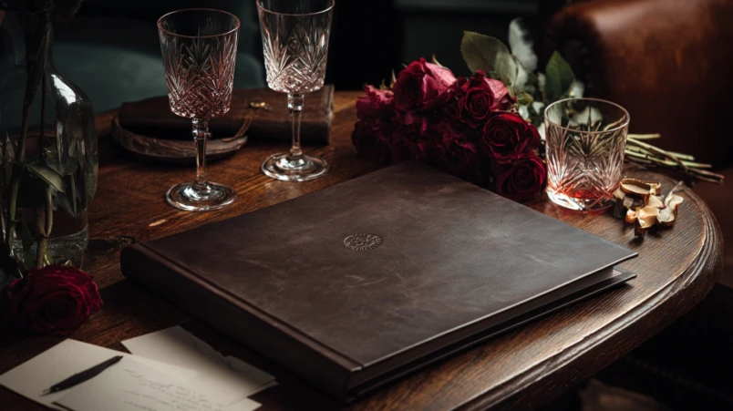 En öppen, högkvalitativ fotobok som visar bilder från ett pars 40-åriga äktenskap.