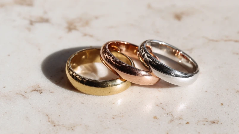 Tre släta vigselringar i gult guld, vitguld och roséguld som visar färgskillnaderna.