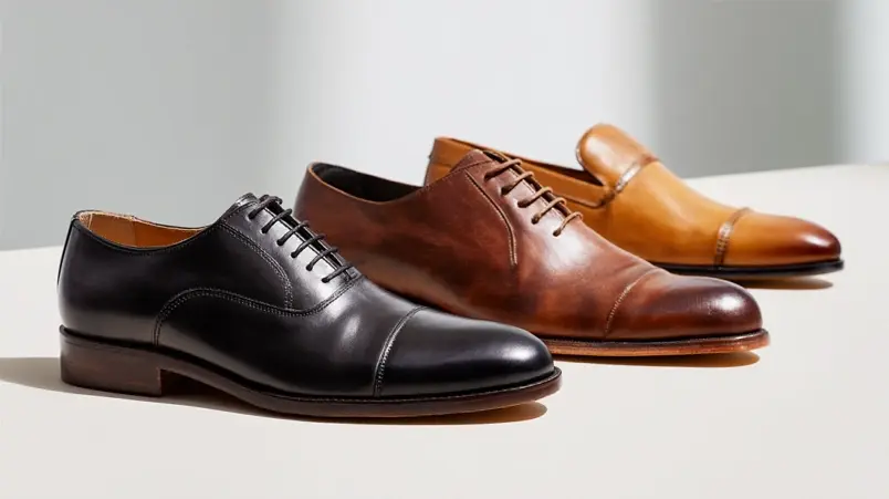 Svart oxford, mörkbrun derby och brun loafer uppställda bredvid varandra