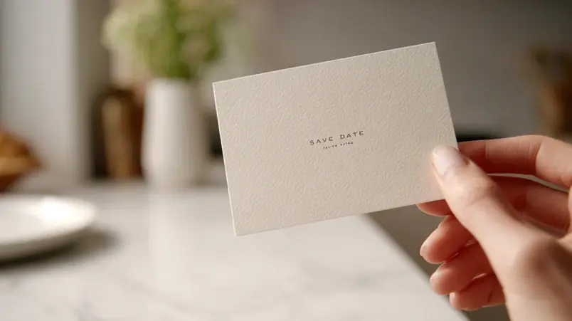 Närbild på ett save the date-kort med namn, datum och ort tryckt i enkel design