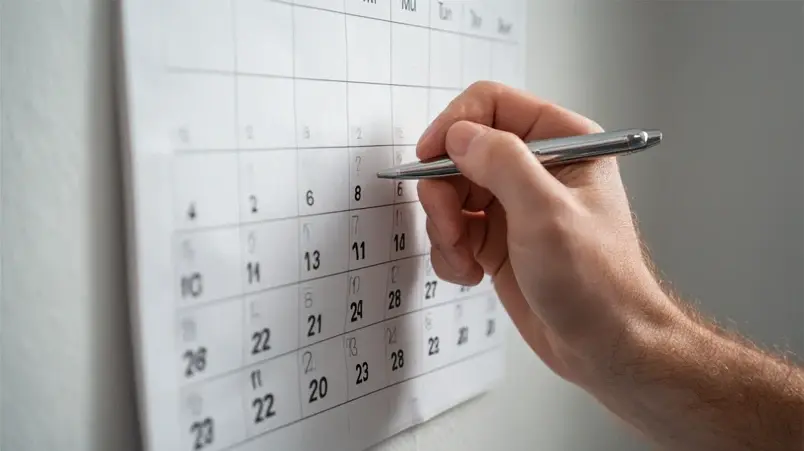 Person som markerar bröllopsdatum i en kalender med penna