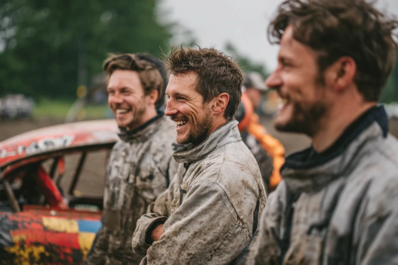 En grupp vänner som skrattar bredvid en folkracebil på en lerig grusbana.