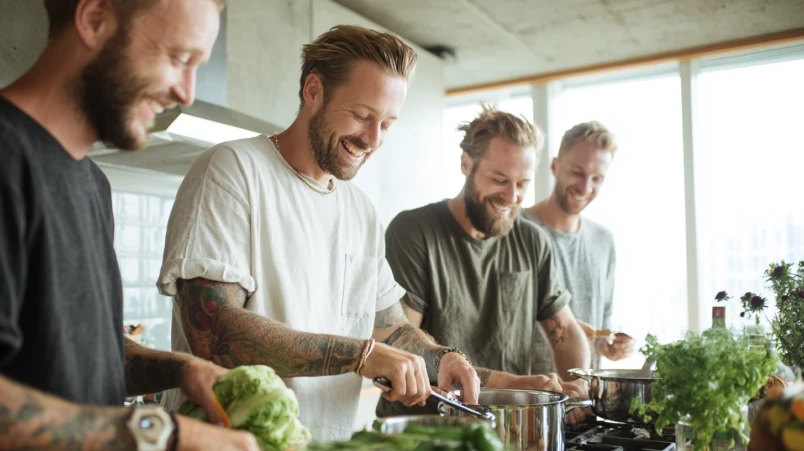 Fyra män som samarbetar och skrattar i ett ljust, modernt kök medan de lagar en festmåltid.