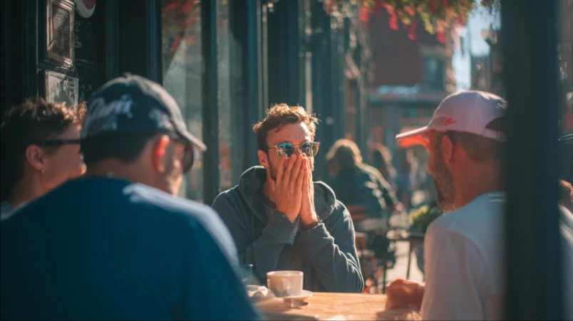 En brudgum som ser glad och överraskad ut när hans vänner dyker upp för hans svensexa.