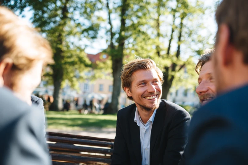En brudgum som blir överraskad av sina vänner med ett gammalt fotoalbum på en parkbänk.