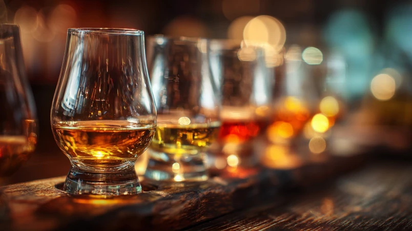 En närbild på flera glas med whisky för en whiskyprovning under en svensexa.