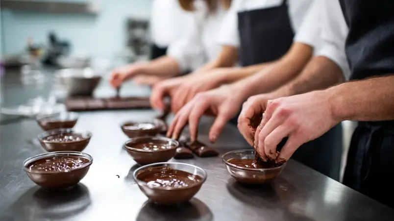 Händer som formar praliner under en chokladworkshop