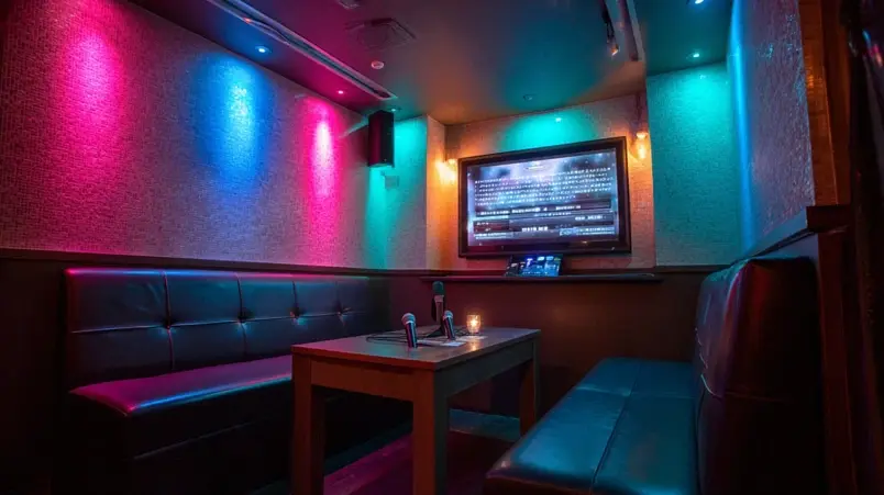 Privat karaokerum i japansk stil med mikrofoner och färgat ljus