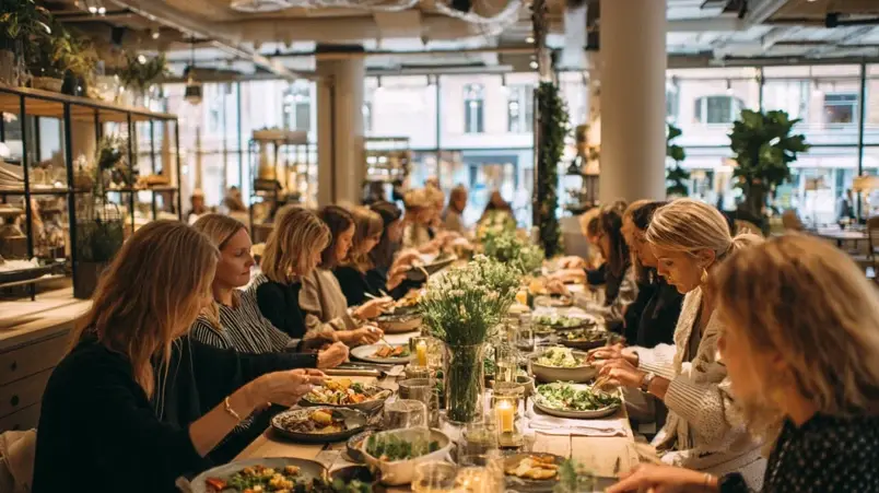 Restauranginteriör på Östermalm med delningsrätter på bordet